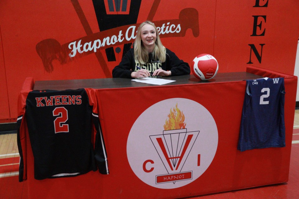 Hapnot's Addie Neill signs her letter of intent with the Univ. of Manitoba Bisons. Neill, a Grade 12 student, will play next season with the Bisons' women's volleyball team - the first-ever Hapnot student to play USports volleyball.