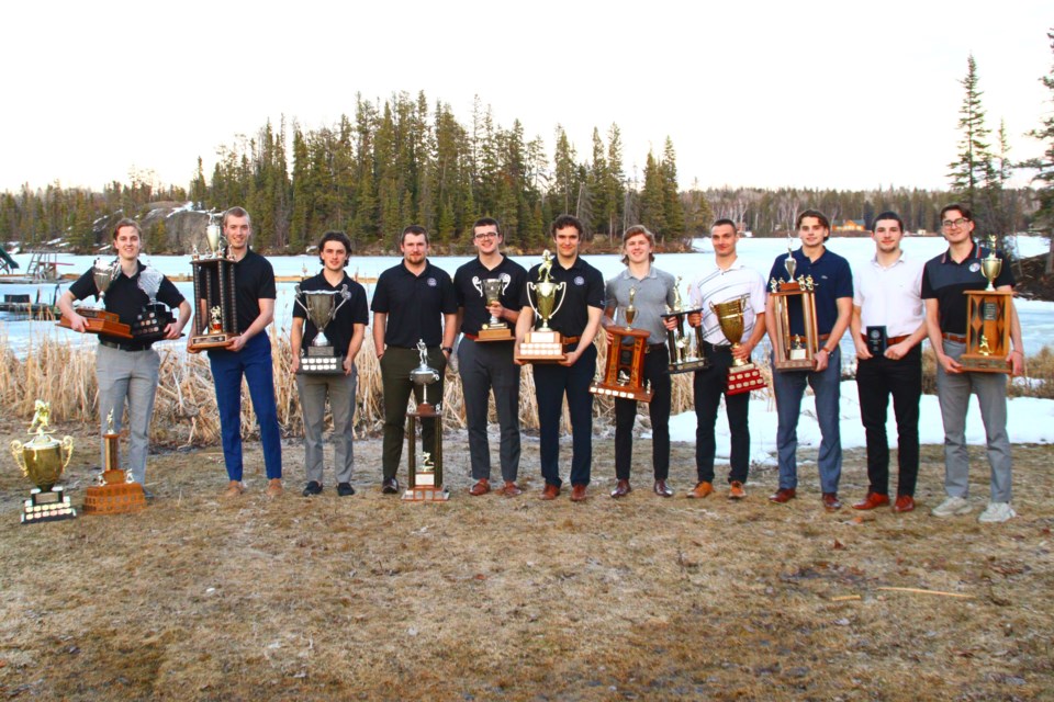 The Bombers' team award winners (Cole Duperreault, Ethan Mercer, Kylynn Olafson, Reece Richmond, Lucas Fry, Harmon Laser-Hume, Brent Gulenchyn, Alex Von Sprecken, Alexi Sylvestre, Jeremi Tremblay and Kenneth Marquart) pose with their awards.