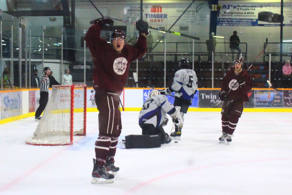 Bomber Jesse Swanson celebrates after scoring a third period goal against the OCN Blizzard Sept. 11. The Bombers would win the game 4-1.