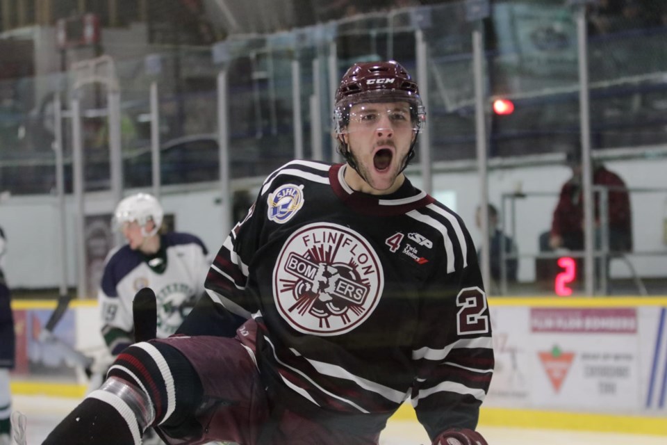 Bomber Carter Anderson celebrates his goal during the team's 8-2 win over the Kindersley Klippers Oct. 20.