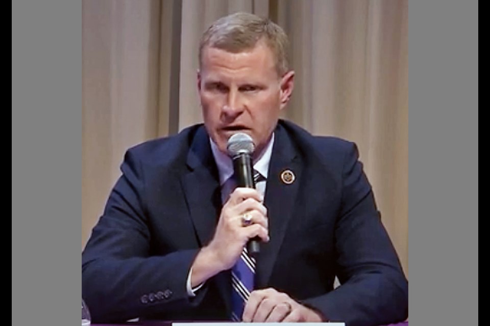 Fairfax County Board of Supervisors Chairman Jeff McKay (D) outlines his views during a recent televised forum with his Republican opponent, Arthur Purves. 