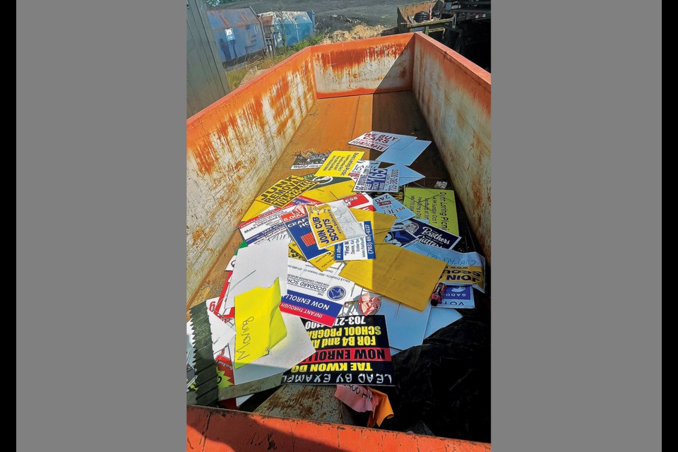 Signs that illegally had been placed within highway limits in Fairfax County await disposal at the Interstate 66 Transfer Station. 