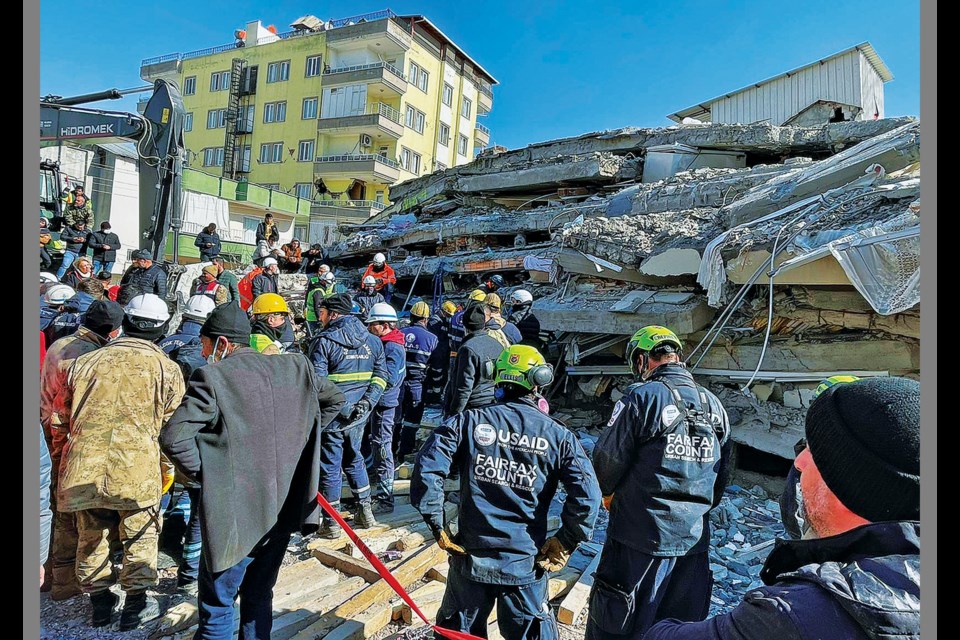 Members of Virginia Task Force 1, Fairfax County's urban search-and-rescue team, take part in rescue efforts in Adiyaman, Turkey, following a Feb. 6 , 2023, earthquake that killed tens of thousands of people. 