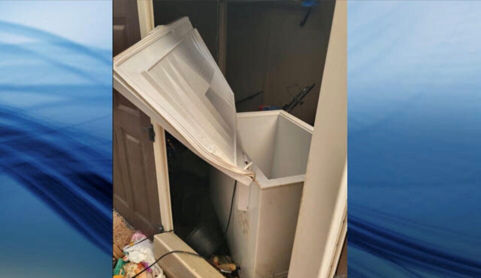 A freezer destroyed by a bear in Okanagan Falls, B.C.