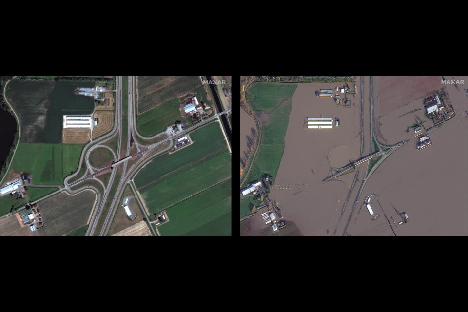 Before and after the flooding, in the Sumas Prairie region of Abbotsford.