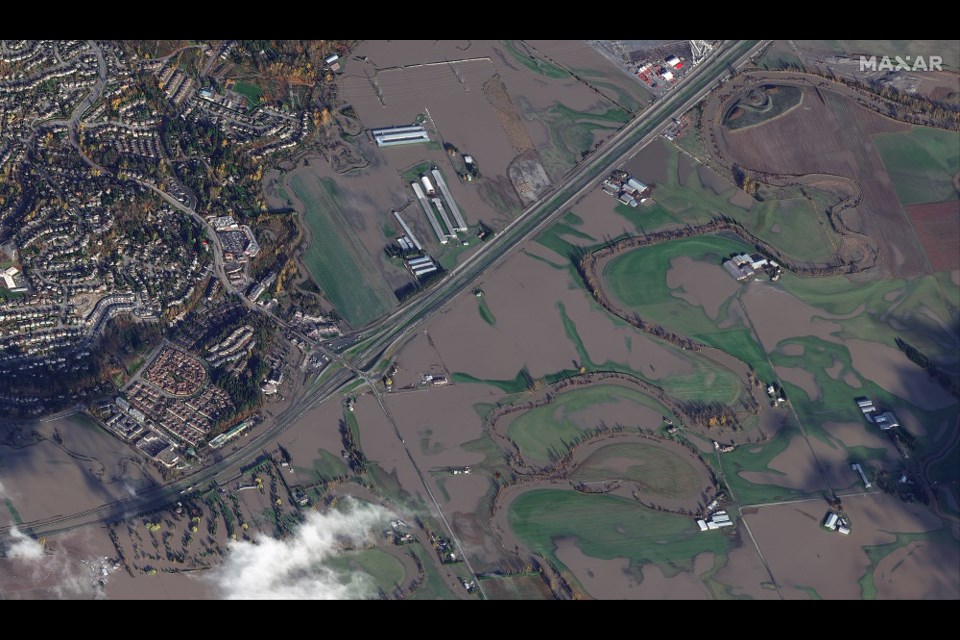A view of flooded fields and farms in the Sumas Prairie region of Abbotsford.