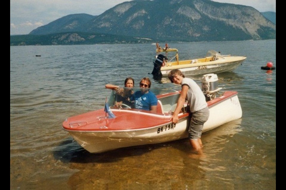 Ron Fetzko (standing) and cousins with the Jor-G at Shuswap Lake, 1984.