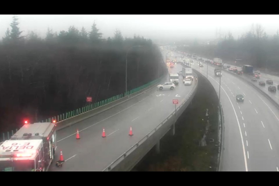 B.C. Highway 91 southbound is closed after a vehicle fire on Jan. 23, 2024.