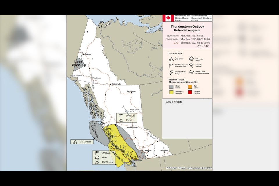 Thunderstorm outlook predicted for Aug. 28, 2023. 