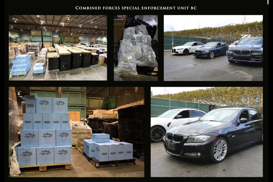 An assortment of items seized by CFSEU-BC include contraband tobacco plus firearms, drugs, vehicles and one speedboat 