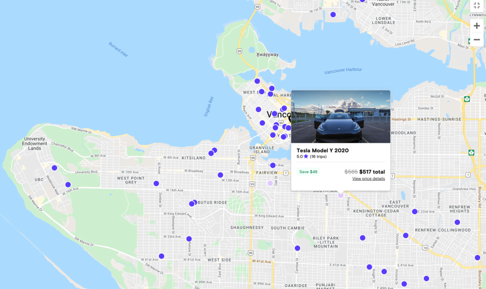 Turo map Vancouver