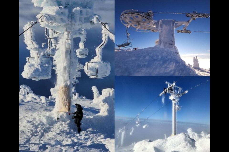 Photos posted Tuesday of Big White staff at work clearing ice and snow from the Falcon Chair.