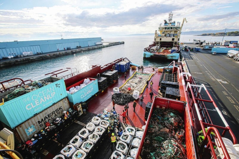 The Maersk Trader and Maersk Tender returned to Ogden Point on Wednesday with a huge load of plastic waste scooped from the Great Pacific Garbage Patch using a new system called the Jenny.