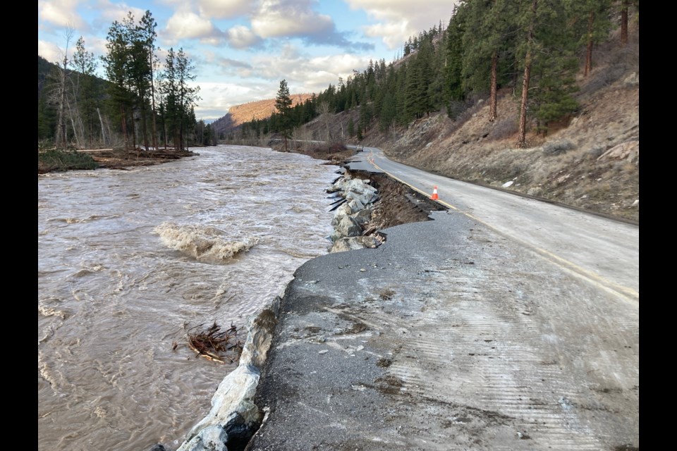 Work is underway to deposit rip rap along the highway between Merritt and Spences Bridge, in an effort to protect the highway from further erosion.