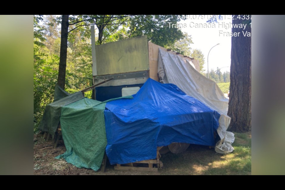A photos of the homeless encampment from July 2022 at the Bradner Rest Area off Highway 1 in Abbotsford. 