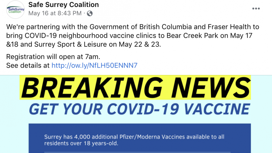 Surrey Mayor Doug McCallum’s Safe Surrey Coalition (SSC) Facebook page replicated a City of Surrey post advertising a partnership between Fraser Health, the Government of B.C. and city hall.