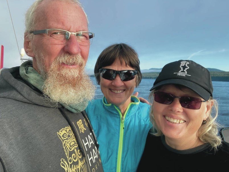 From left, Jean Baillargeon, Rhonda Scholar and Helen Roberts in quarantine on their 14-metre sloop, Shamata, anchored off Cadboro Bay.