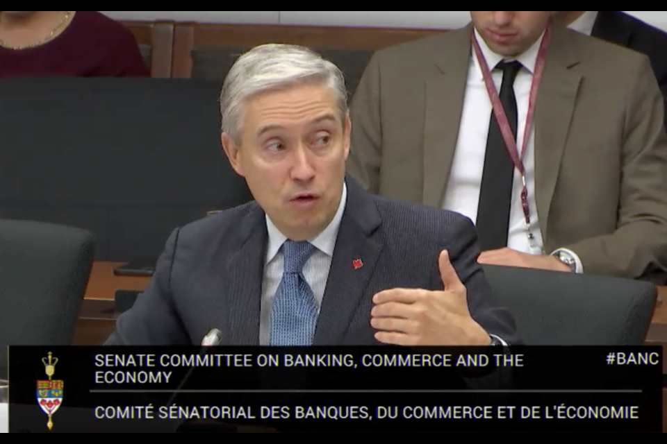 Minister of Innovation, Science and Industry Francois-Philippe Champagne at a Senate of Canada committee on Oct. 19, 2023.
