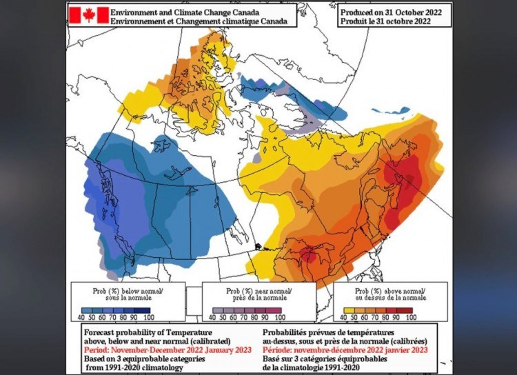 Environment Canada's 2022 seasonal outlook for November through January indicates colder-than-average temperatures in Western Canada. Environment Canada