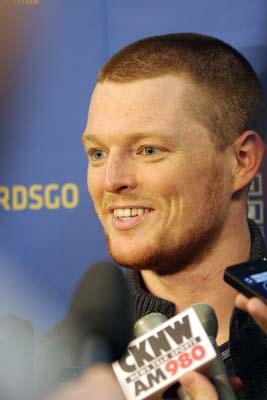 Vancouver Canucks goaltender Cory Schneider CORY talks to reporters after a charity hockey game Oct. 17 at Thunderbird Sports Centre.