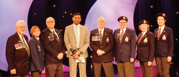 The Ladner Legion attended the Variety Show of Hearts telethon last month to donate a cheque for $5,000. The Ladies Auxiliary of Branch 61 also donated a cheque for $1,000. Pictured from left: Legion life members Don McPhadyen, Marliss Sanderson, Glen Dinsmore, Global BC sports anchor Shanel Pratap, Bob Taggart and Ladies Auxiliary members Sharon Davis, Judy Hand and Pat Casey. The Ladner Legion has been donating to the Variety Show of Hearts for 34 years. Last month’s Show of Hearts telethon raised over $5 million for children with special needs.