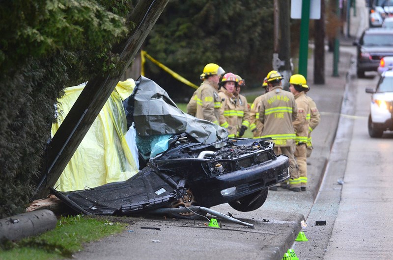 Burnaby firefighters were on scene at Canada Way between Burris and Sperling Thursday morning for a single-vehicle crash that killed two people.