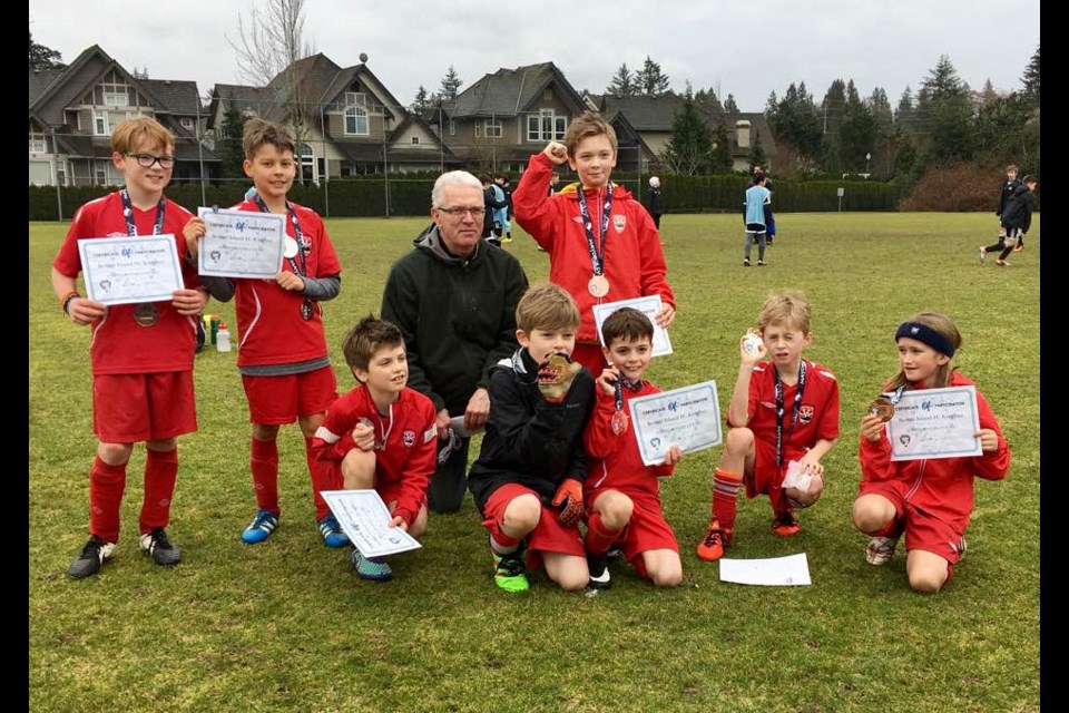 Some members of the Bowen Island FC Under-10 team at the Surrey Mayor Cup. From left, Ryland Bentall, Chris Oban, Leo Szabo, Seth Whyte, Arthur Szabo, Jonah Haigh-Turner, Ewan Roden-Buchanan and Sam Florin.