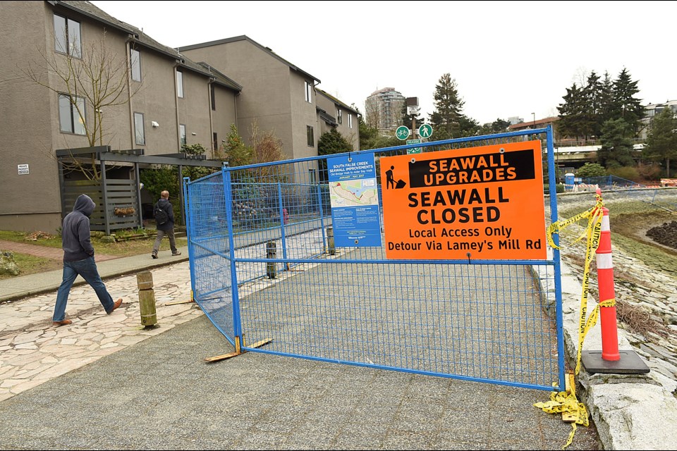 A long detour along the South False Creek seawall became necessary when a waterworks project was added, the City of Vancouver says.