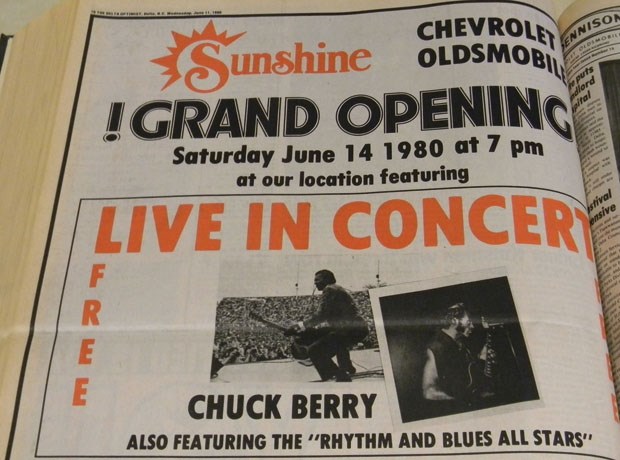 An ad from the June 11, 1980 edition of the Optimist promotes Chuck Berry’s concert at a Chevrolet-Oldsmobile dealership in Ladner.