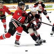 Jansen Harkins of the Prince George Cougars (12) tried to get free of Portland Winterhawks defenceman Conor MacEachern duiring their game Friday at CN Centre. The 'Hawks won the series-opener 4-2. Game 2 is Sunday at 5 p.m. at CN Centre.