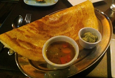 Dosa with coconut chutney and sambar