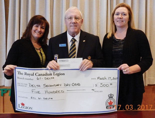 The Ladner Legion recently donated $500 to the Delta Secondary Dry Grad. Pictured from left: Shari Barr (dry grad committee), Tom Easton (Legion treasurer) and Tammi Hansen (dry grad committee).