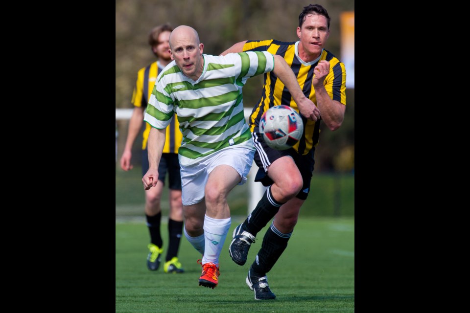 Club Ireland Celtic (in green and white) came out 4-1 winners in the Richmond Adult Soccer Association’s President’s Cup Final Sunday at Minoru Oval. Photos by Gord Goble/Special to the News
