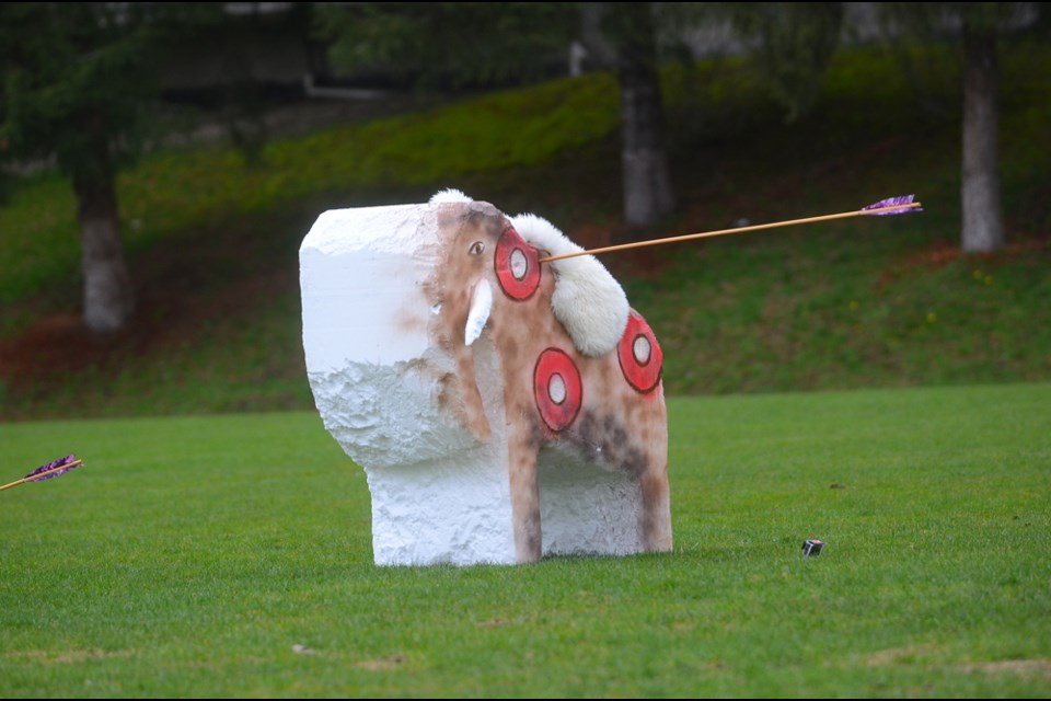 A Styrofoam mammoth is skewered during the inaugural SFU PaleOlympics, a competition of stone-age skill put on by the Archeology Student Society April 7.