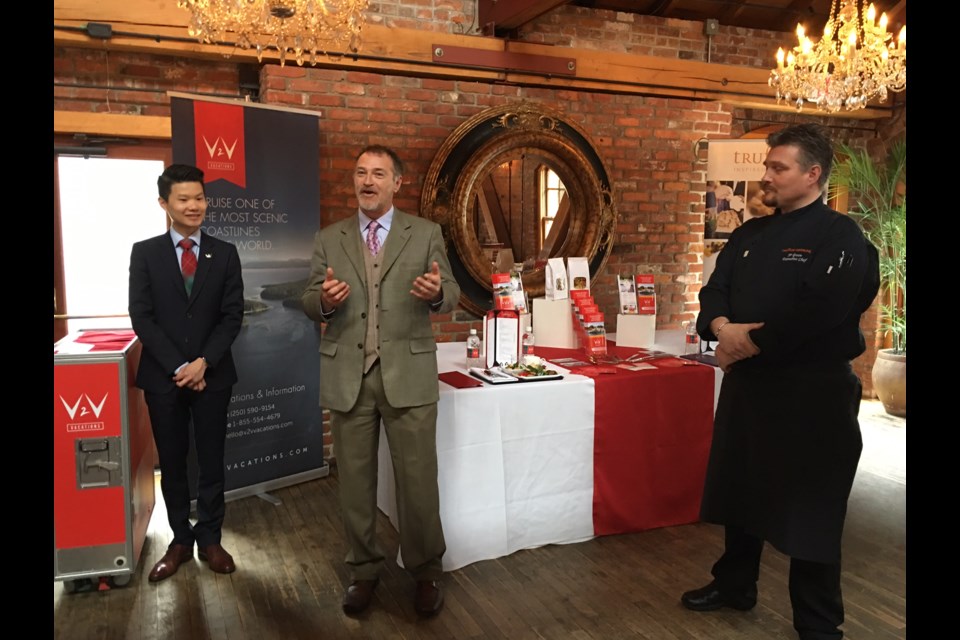 Nick Cheong, vice president of operations for V2V Vacations (L), Alistair Eason, general manager of the Truffles Group (c) and executive chef JP Green introduced the gourmet menu soon to be available on the V2V Empress passenger ferry at an event in Victoria April 6.