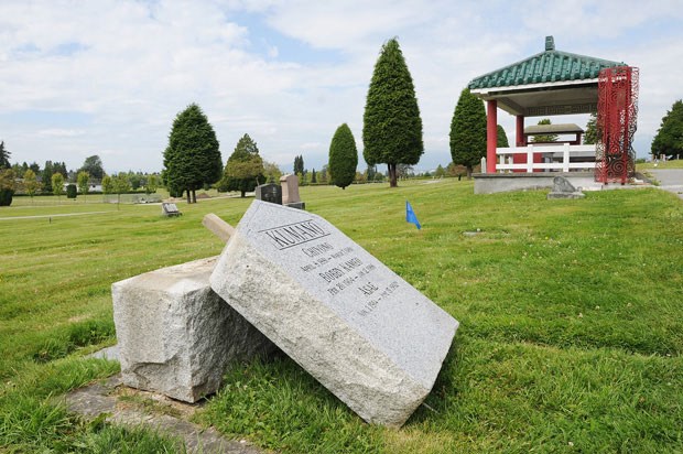 Vandals knocked over and damaged headstones and grave markers at Mountain View Cemetery on Fraser Street on the weekend.