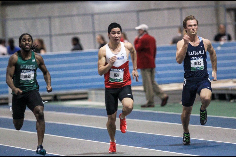 SFU freshman Nathan Mah, a Burnaby Central grad, collected the men's 100-metre dash title at last week's Emilie Mondor Invitational track meet in Burnaby.
