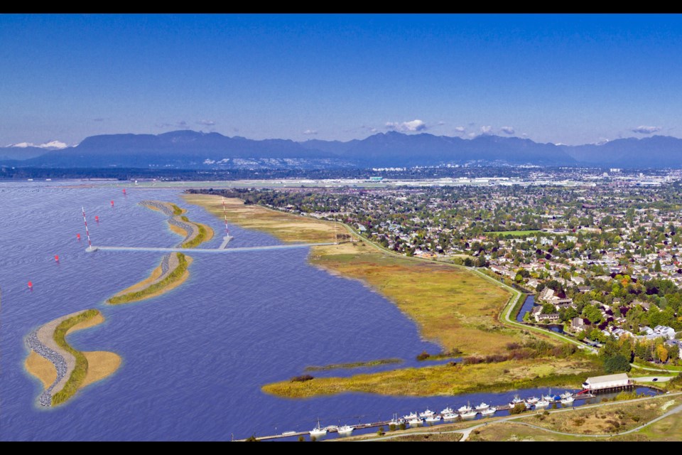 Above, a sketch of what artificial sea berms may look like off the foreshore of Sturgeon Bank. The tentatively planned berms will mitigate erosion and protect the dyke from sea level rise. City of Richmond photo