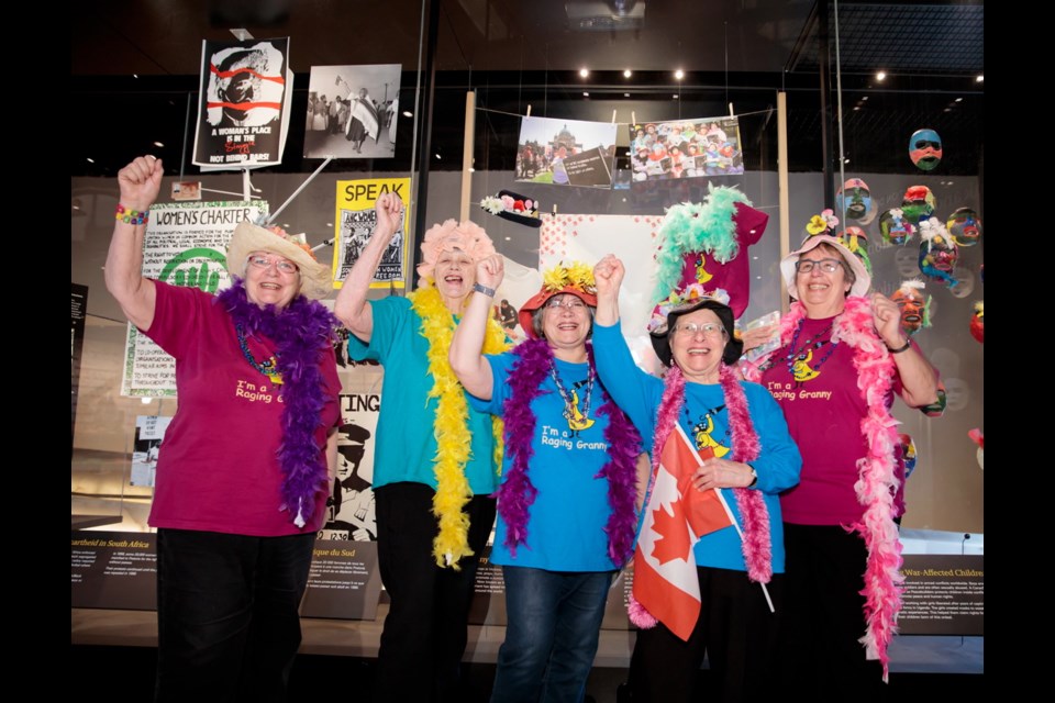 Members of the Raging Grannies at the Canadian Museum for Human Rights: Anne Moon, left, Alison Acker, Lois Cates, Freda Knott and Patty Moss.