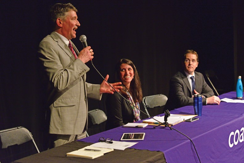 From left: Incumbent MLA Nicholas Simons (NDP), Kim Darwin (Green party) and Mathew Wilson (Liberal party) at an all-candidates meeting held April 18 at the Heritage Playhouse in Gibsons.