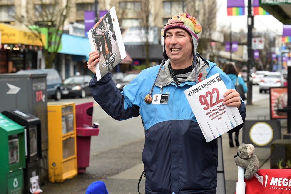 Every Friday from 12 to 8 p.m., Stephen Scott is on the corner of Thurlow and Davie to sell copies of Megaphone, a weekly newspaper that gives voice to the homeless. Sometimes he’s there Wednesdays as well but “I never miss a Friday.”