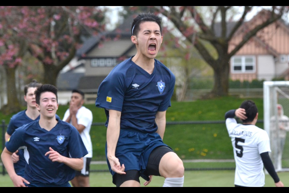 Richmond FC United's Sean Minato celebrates his first half goal from a corner kick which proved to be the game winner in his team's 4-1 victory over Surrey FC Pegasus in U18 Coastal "A" Cup semi-final action at Hugh Boyd Park.