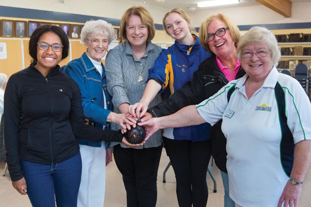 In Tsawwassen, world youth lawn bowling champ Priscilla Westlake (left) is joined by Joyce Nightingale, former MLA Vicki Huntington, up and coming lawn bowler Emma Boyd, Coun. Sylvia Bishop and Paulina Mushens.