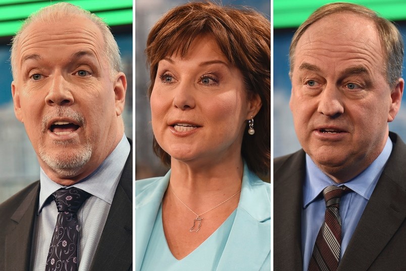 The NDP's John Horgan, Liberal Christy Clark and the Green Party's Andrew Weaver. Photo Dan Toulgoet