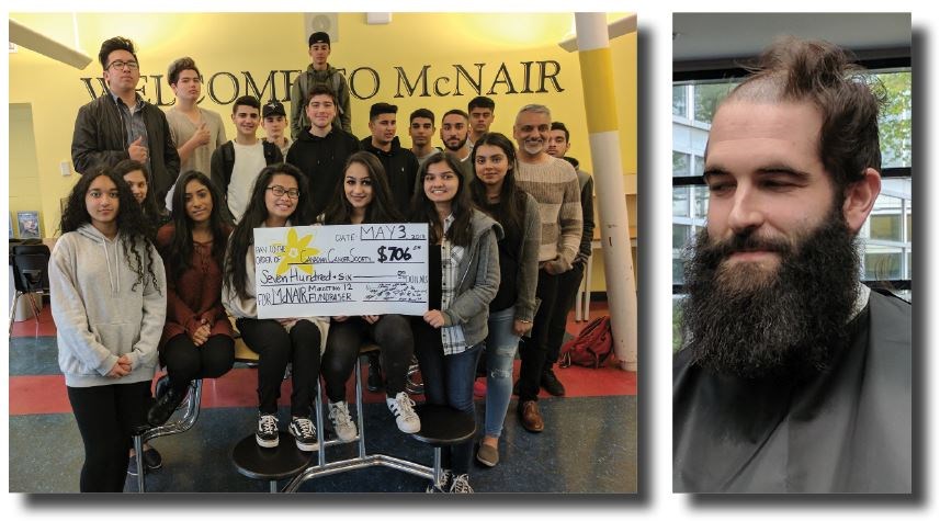 McNair secondary school Grade 12 marketing students, above, shaved Mr.Corcoran’s hair for cancer research. Photos submitted