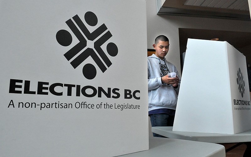 MARIO BARTEL/THE TRI-CITY NEWS Noble Liu folds his ballot after marking it in a Student Vote project at Pinetree secondary school on Monday.