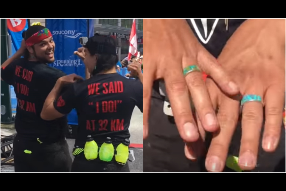 Anthony Johnson, left, and James Makokis at the finish line after being married on the course of the BMO Vancouver Marathon May 7, 2017.