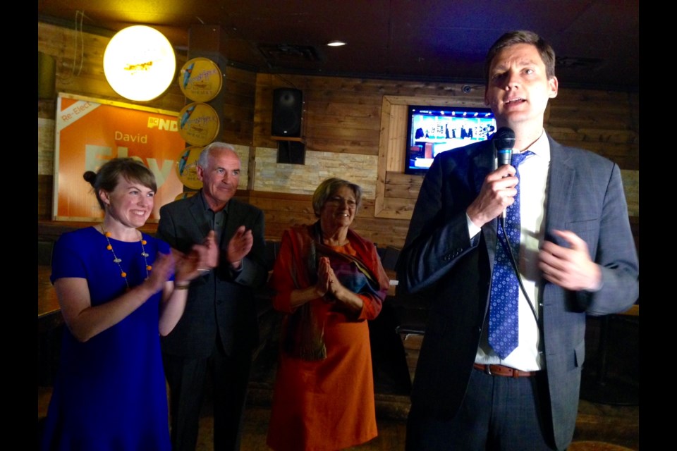 NDP incumbent David Eby was re-elected Tuesday in Vancouver-Point Grey, a riding once held by Christy Clark and former premier Gordon Campbell. Here, he celebrates with his wife Cailey, father-in-law Alex and mother Laura. Photo Mike Howell