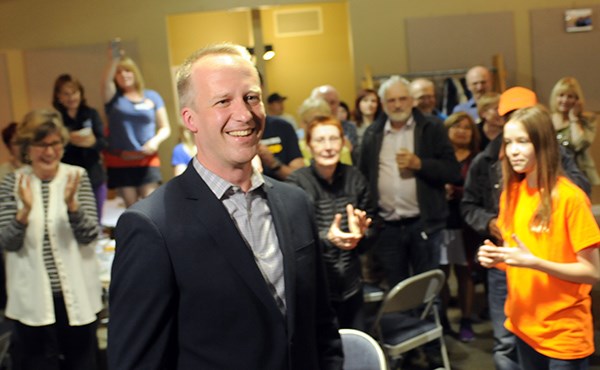 Port Moody-Coquitlam NDP MLA-elect Rick Glumac is greeted by supporters at the Old Mill Boathouse in Port Moody after winning the seat Tuesday night.
