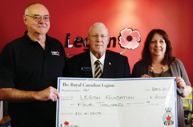 The Ladner Legion recently donated $4,000 to the Legion Foundation. This amount is divided equally between the Veterans Transition Network, BCIT Military Skills Program, Cockrell House for Veterans and Veterans Service Dog Program. Pictured are Jim Diack (left, treasurer for BC/Yukon Command), Tom Easton (treasurer for the Ladner Legion) and Sandy Reiser (executive director of BC/Yukon Command).